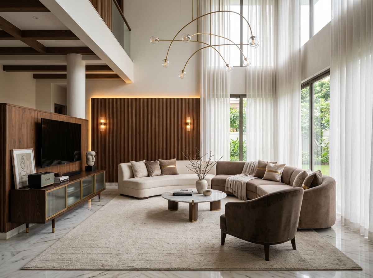 Personalized Dream Home Interior with Double-Height Ceiling and Curved Velvet Seating